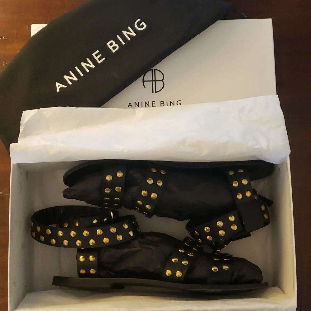 Anine Bing Gia Sandals Black with Gold Studs - Picture 6 of 6